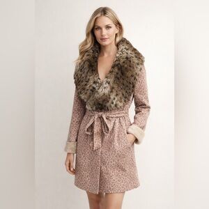 CHI by Falchi Leopard Print Wrap Coat With Faux Fur Collar